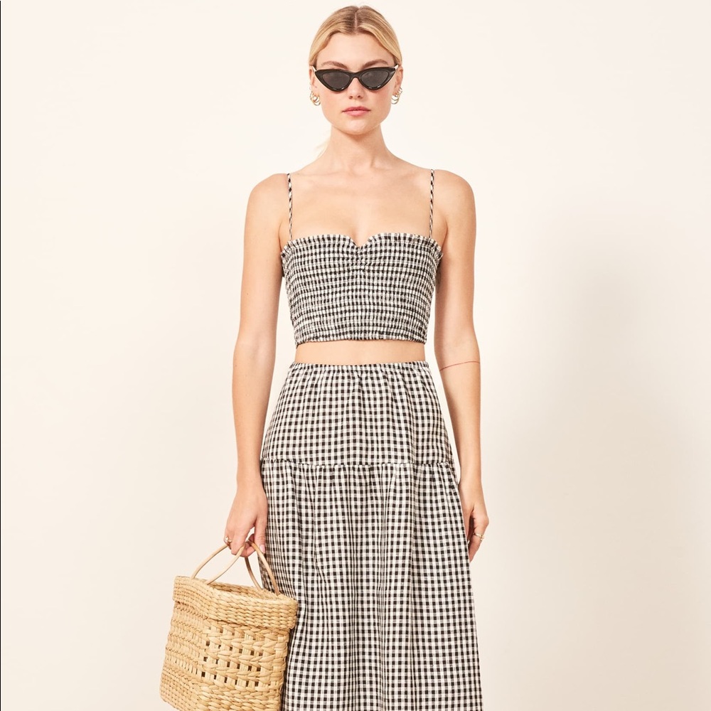 Reformation gingham kitty two piece linen crop top